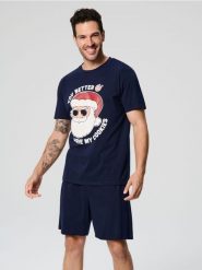 Piżama dwuczęściowa - granatowy. Niebieskie piżamy męskie Sinsay, l, bez wzorów, z bawełny, bez ramiączek. Za 39.99 zł.
