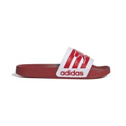 Klapki adilette Arsenal 2025/26. Czerwone klapki damskie Adidas, bez wzorów, z materiału, bez obcasa. Za 107.99 zł.