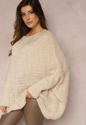Jasnobeżowy Luźny Sweter Dzianinowy w Stylu Ponczo Nattava. Brązowe swetry klasyczne damskie Renee, uniwersalny, z dzianiny, bez kołnierzyka. Za 84.99 zł.