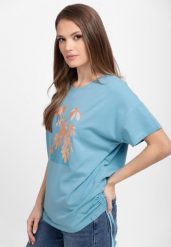Koszulka z motywem liści T-PLANTS. Niebieskie t-shirty damskie Volcano, s, bez wzorów, z bawełny, bez ramiączek. Za 59.99 zł.