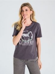 Koszulka - szary. Szare t-shirty damskie Sinsay, l, bez wzorów, bez kołnierzyka. W wyprzedaży za 14.99 zł.