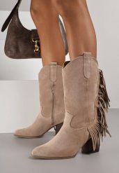 Beżowe Botki Kowbojki na Obcasie Zdobione Frędzlami Reisia. Brązowe botki damskie Born2be, z jeansu, klasyczne, bez obcasa, na obcasie, bez zapięcia. Za 179.99 zł.