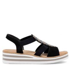 Sandały Rieker. Czarne sandały damskie Rieker, bez wzorów, bez obcasa, na koturnie. Za 319.99 zł.