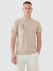 4F T-shirt regular z nadrukiem męski - beżowy M. Brązowe t-shirty męskie 4f, m, bez wzorów, z bawełny, bez kołnierzyka. W wyprzedaży za 49.99 zł.