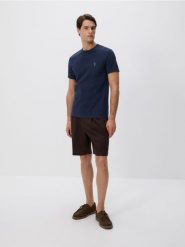 Bawełniany t-shirt slim fit - granatowy. Niebieskie t-shirty damskie Reserved, l, bez wzorów, z bawełny, bez kołnierzyka. W wyprzedaży za 45.99 zł.