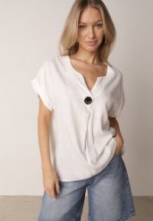 Biała Nietoperzowa Bluzka z Krótkim Rękawem z Lnem i Wiskozą Isirtila. Białe bluzki damskie Born2be, l, bez wzorów, z bawełny, biznesowe, bez kołnierzyka, bez ramiączek. Za 69.99 zł.