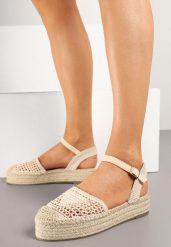 Beżowe Sandały Espadryle na Grubej Podeszwie z Plecionką z Rafii Ilisona. Brązowe sandały damskie Born2be, bez wzorów, bez obcasa, na platformie. Za 84.99 zł.