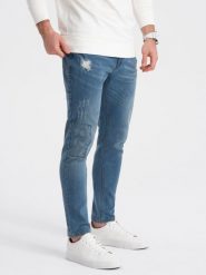 Spodnie męskie jeansowe SKINNY FIT - jasny niebieski - Rozmiar: XL. Niebieskie spodnie materiałowe męskie Ombre Clothing, bez wzorów, z bawełny. W wyprzedaży za 69.99 zł.