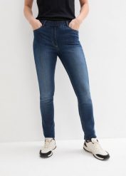 Jegginsy mid waist z wygodnym paskiem w talii. Niebieskie legginsy damskie bonprix, bez wzorów, z jeansu. Za 84.99 zł.
