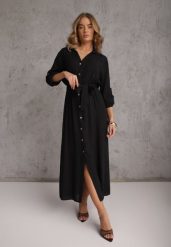 Czarna Koszulowa Sukienka Utility z Bawełny z Wiązanym Paskiem w Talii Retona. Czarne sukienki damskie Renee, na co dzień, l, bez wzorów, z bawełny, boho, bez kołnierzyka, bez ramiączek, maxi, koszulowe. Za 159.99 zł.