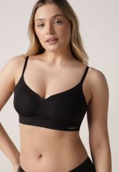 Czarny Bezszwowy Biustonosz Bez Fiszbin z Elastycznego Materiału Edalith. Czarne biustonosze Born2be, bez wzorów. Za 29.99 zł.