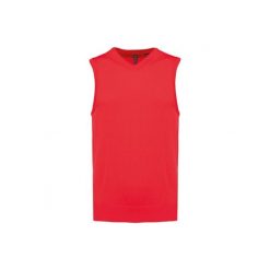 Sweter bez rękawów z dekoltem w szpic Kariban. Czerwone swetry klasyczne damskie KARIBAN, na zimę, z bawełny, bez kołnierzyka. Za 180.00 zł.