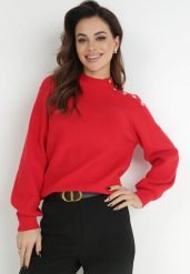 Czerwony Sweter Dzianinowy z Długim Rękawem i Guzikami Omes. Czerwone swetry klasyczne damskie Born2be, z dzianiny, bez kołnierzyka. Za 129.99 zł.
