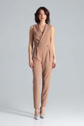 Brązowy Elegancki Kombinezon z Guzikami. Brązowe kombinezony damskie Katrus, l, bez wzorów, z materiału, eleganckie, bez kołnierzyka, bez ramiączek. Za 319.00 zł.