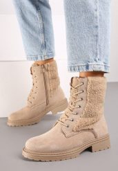 Beżowe Płaskie Botki w Stylu Workerów z Futerkiem Typu Baranek Nevatte. Brązowe botki damskie Born2be, eleganckie, bez obcasa, na obcasie, bez zapięcia. Za 149.99 zł.