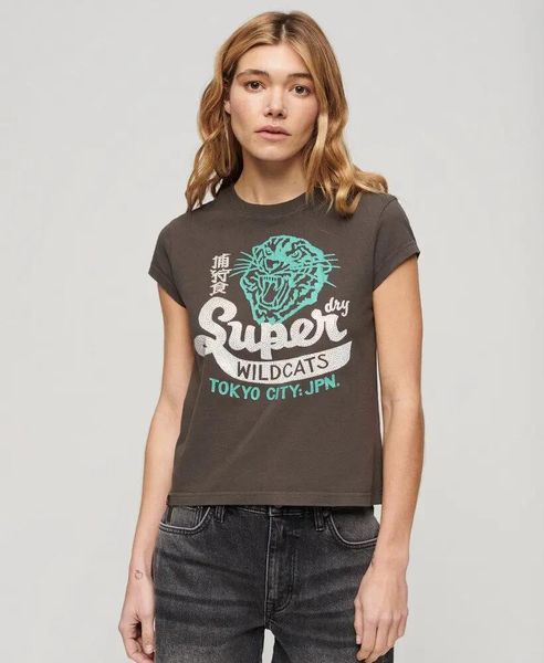 Superdry Damska koszulka z krótkimi rękawami i ozdobnym nadrukiem. Czarne t-shirty damskie Superdry., bez wzorów, z bawełny, bez ramiączek. Za 146.65 zł.