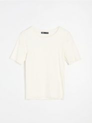 Bawełniana koszulka z ozdobnymi falbanami - kremowy. Białe t-shirty damskie Sinsay, l, bez wzorów, z bawełny, bez kołnierzyka. Za 19.99 zł.