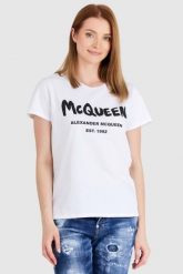 ALEXANDER MCQUEEN Biały t-shirt damski z logo, Rozmiar 42. Białe t-shirty damskie alexander mcqueen, s, bez wzorów, prążkowane, bez kołnierzyka. W wyprzedaży za 699.99 zł.