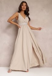 Jasnobeżowa Rozkloszowana Sukienka z Wycięciem i Paskiem w Cyrkonie Elineta. Brązowe sukienki damskie Renee, l, bez wzorów, z materiału, eleganckie, bez kołnierzyka, bez ramiączek, maxi, rozkloszowane. W wyprzedaży za 97.99 zł.