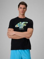 4F T-shirt regular z nadrukiem męski - czarny M. Czarne t-shirty męskie 4f, na lato, m, bez wzorów, z bawełny, bez kołnierzyka. W wyprzedaży za 39.99 zł.