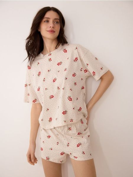 Bawełniana piżama dwuczęściowa - kremowy. Białe piżamy damskie Reserved, l, bez wzorów, z bawełny, bez ramiączek. Za 59.99 zł.