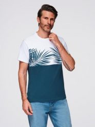 T-shirt meski dwukolorowy z nadrukiem w liście palmy - ciemnoniebieski V1 - Rozmiar: S. Niebieskie t-shirty męskie Ombre Clothing, na lato, m, bez wzorów, z dzianiny, bez kołnierzyka. W wyprzedaży za 19.99 zł.