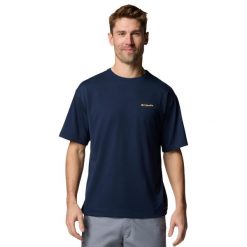 T-shirt sportowy z krótkim rękawem męski Cedar Trail Back Graphic Tee. Niebieskie t-shirty męskie Columbia, l, bez wzorów, z elastanu, bez kołnierzyka. Za 119.99 zł.