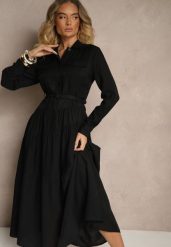 Czarna Rozkloszowana Sukienka z Wiskozy z Guzikami i Paskiem Ronesa. Czarne sukienki damskie Renee, na co dzień, l, bez wzorów, z wiskozy, eleganckie, bez kołnierzyka, bez ramiączek, maxi, proste. W wyprzedaży za 135.99 zł.