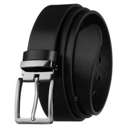 Pasek męski ze skóry ekologicznej w czarnym kolorze, zakończony srebrną, klasyczną klamrą. Czarne paski męskie inny, bez wzorów, ze skóry ekologicznej, eleganckie. Za 29.99 zł.