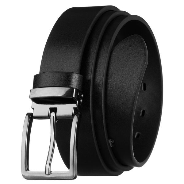 Pasek męski ze skóry ekologicznej w czarnym kolorze, zakończony srebrną, klasyczną klamrą. Czarne paski męskie inny, bez wzorów, ze skóry ekologicznej, eleganckie. Za 29.99 zł.