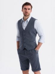 Męski zestaw elegancki kamizelka garniturowa + szorty - granatowy V1 - Rozmiar: XXL. Niebieskie szorty męskie Ombre Clothing, na lato, bez wzorów, z bawełny, eleganckie. W wyprzedaży za 232.49 zł.