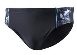 Beco Competition kąpielówki slipy czarne z niebiesko-szaro-białym wzorem. Niebieskie kąpielówki męskie 47 Brand, bez wzorów, z poliesteru. Za 241.99 zł.