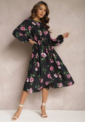 Czarno-Różowa Midi Sukienka w Kwiaty o Rozkloszowanym Kroju z Rękawami Nietoperz Jervia. Czarne sukienki damskie Renee, l, bez wzorów, eleganckie, bez kołnierzyka, bez ramiączek, midi, rozkloszowane. W wyprzedaży za 51.99 zł.
