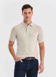 PAKO LORENTE - Beżowy swetrowy t-shirt polo. Brązowe koszulki polo męskie Pako Lorente, m, bez wzorów, z bawełny, bez ramiączek. Za 249.99 zł.