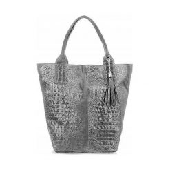 Shopper bag jasny szary skórzany croco L94. Szare shopper bag damskie Vera Pelle, z aplikacjami, z materiału, małe, zamszowe, bez dodatków. Za 229.99 zł.