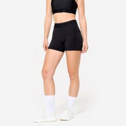 Spodenki fitness cardio damskie. Czarne spodenki sportowe damskie DOMYOS, bez wzorów, z elastanu, sportowe. Za 79.99 zł.