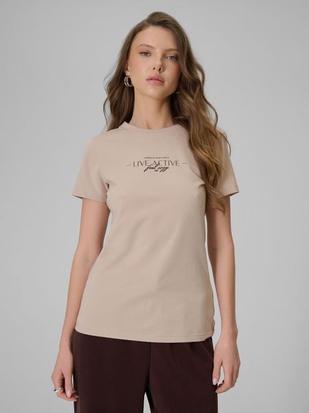 4F T-shirt slim z nadrukiem damski - beżowy XXL. Brązowe t-shirty damskie 4f, l, bez wzorów, z jeansu, bez kołnierzyka. Za 49.99 zł.