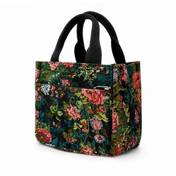 Lunchbox damski termiczny torba na lunch żakardowa LBS06 - czarna w kwiaty. Czarne torebki klasyczne damskie bez wzorów, z żakardem, bez dodatków. Za 99.99 zł.