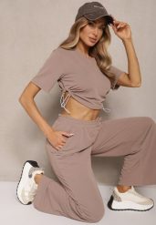 Jasnobrązowy Komplet Top ze Ściągaczami i Luźne Spodnie Paliriona. Brązowe spodnie materiałowe damskie Renee, bez wzorów, eleganckie. Za 69.99 zł.