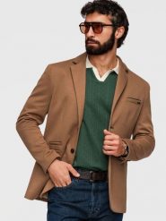 Dzianinowa męska marynarka o dopasowany kroju SLIM FIT - jasnobrązowa V4 - Rozmiar: L. Brązowe marynarki męskie Ombre Clothing, bez wzorów, z bawełny. Za 379.99 zł.