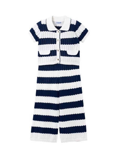 Mayoral Komplet sweter i spodnie materiałowe 3595 Granatowy Regular Fit. Niebieskie spodnie dziewczęce Mayoral, bez wzorów, z bawełny, bez kołnierzyka. Za 209.99 zł.