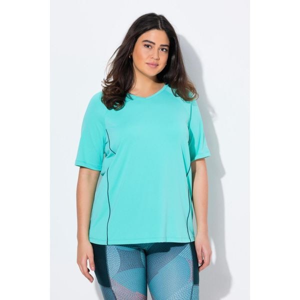 Damskie T-shirt ochrona UV 50+ dekolt w serek rękaw 1/2. Niebieskie t-shirty damskie Ulla Popken, plus size, bez wzorów, z elastanu, bez kołnierzyka. Za 179.99 zł.