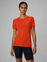 4F Koszulka trekkingowa z wełną merino damska - pomarańczowa S. Brązowe bluzki damskie 4f, l, bez wzorów, z tkaniny, wizytowe, bez kołnierzyka, bez ramiączek. Za 199.99 zł.