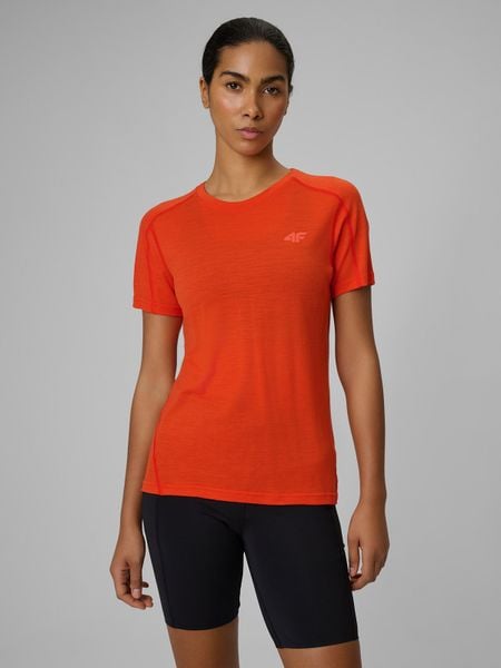 4F Koszulka trekkingowa z wełną merino damska - pomarańczowa S. Brązowe bluzki damskie 4f, l, bez wzorów, z tkaniny, wizytowe, bez kołnierzyka, bez ramiączek. Za 199.99 zł.