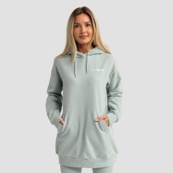Bluza damska fitness z kapturem długa eukaliptowa Limitless Longline. Zielone bluzy sportowe damskie GYMBEAM, m, bez wzorów, z bawełny, bez ramiączek, długie, z kapturem. Za 127.90 zł.