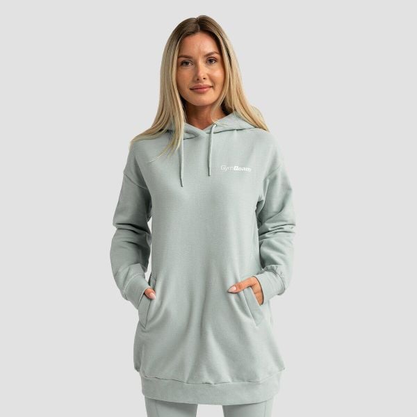 Bluza damska fitness z kapturem długa eukaliptowa Limitless Longline. Zielone bluzy sportowe damskie GYMBEAM, m, bez wzorów, z bawełny, bez ramiączek, długie, z kapturem. Za 127.90 zł.