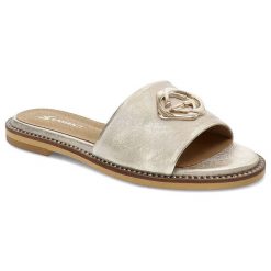 Złote Klapki Lamanti Skórzane Buty Na Lato. Żółte klapki damskie LAMANTI, bez wzorów, ze skóry, bez obcasa. Za 239.00 zł.