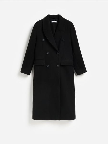 Dwurzędowy płaszcz - czarny. Czarne płaszcze damskie Reserved, l, bez wzorów, z tkaniny. Za 359.99 zł.