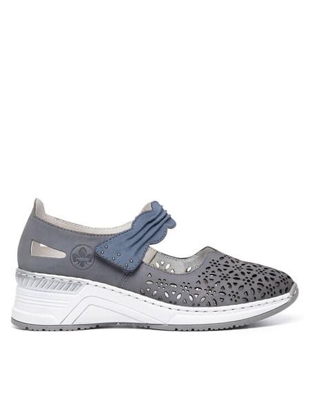 Rieker Półbuty N4367-14 Niebieski. Niebieskie półbuty damskie Rieker, bez wzorów, z nubiku, bez obcasa, na koturnie. Za 339.99 zł.