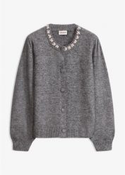 Sweter rozpinany z rękawami bufkami. Szare kardigany damskie bonprix, z aplikacjami. Za 149.99 zł.